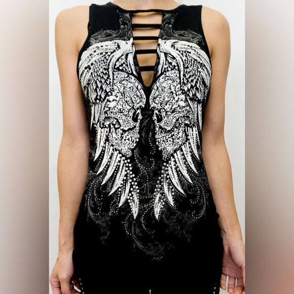 Platinum Plush Mirrored Skull Ladder Rhinestone Top - Picture 1 of 3